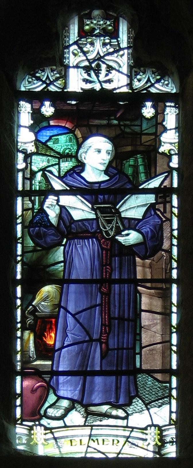 Vidriera dedicada a Eilmer en la abadía de Malmesbury